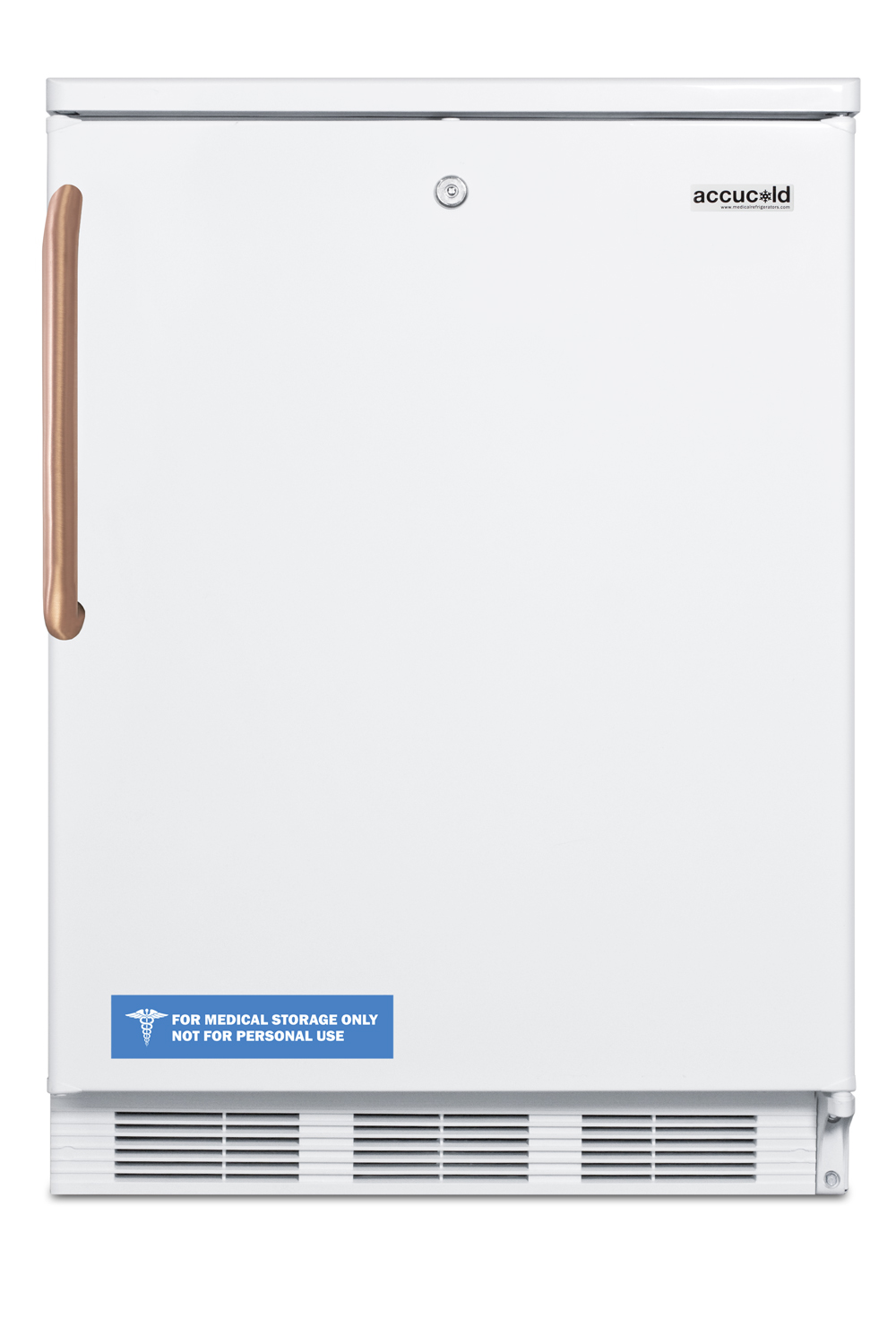 Freestanding counter height all-refrigerator for general purpose use, with pure copper handle, front lock, automatic defrost operation, and white exterior